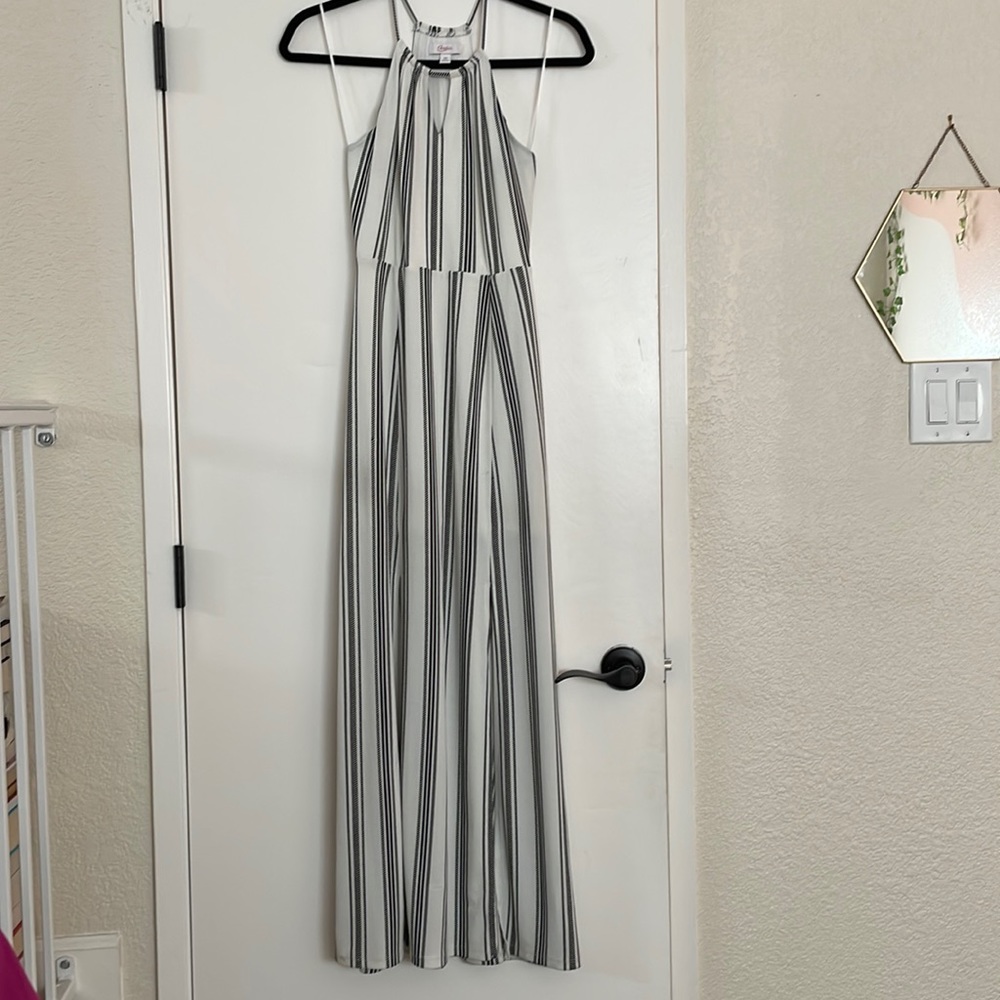 Black & White Vertical Striped Double Slit Maxi Dress